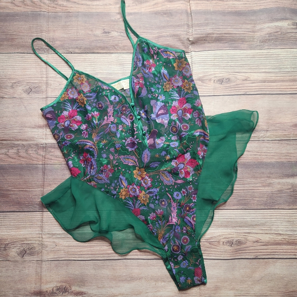 Victoria's Secret Vintage Gold Label Green Pink Flow Fairy Satin Lingerie